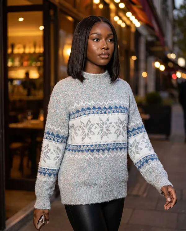 Satin Eve styling: Chenille Snowflake Fair Isle Jumper