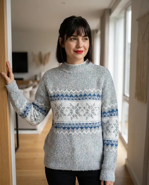 Satin Eve styling: Chenille Snowflake Fair Isle Jumper