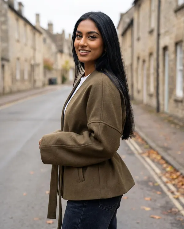 Satin Eve styling: Collarless Wrap Jacket