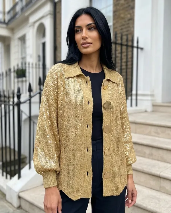 Satin Eve styling: Gold Sequin Knit Jacket