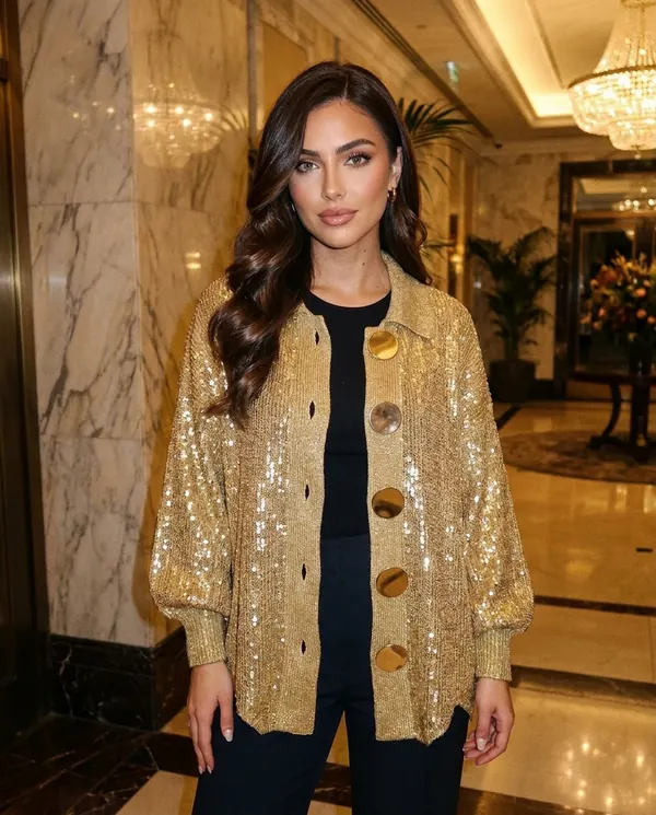 Satin Eve styling: Gold Sequin Knit Jacket
