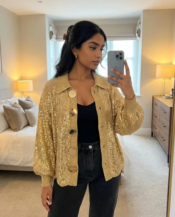Satin Eve styling: Gold Sequin Knit Jacket
