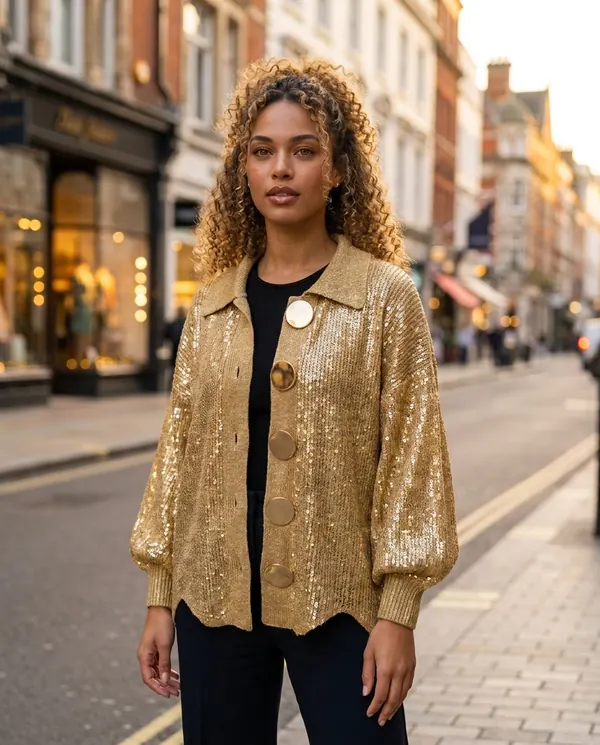 Satin Eve styling: Gold Sequin Knit Jacket