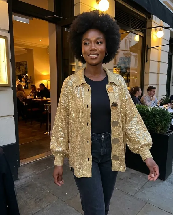 Satin Eve styling: Gold Sequin Knit Jacket