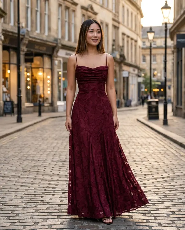 Satin Eve styling: Textured Jacquard Cowl-Neck Cami Maxi Dress