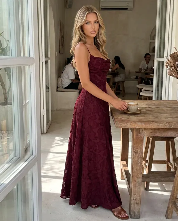 Satin Eve styling: Textured Jacquard Cowl-Neck Cami Maxi Dress