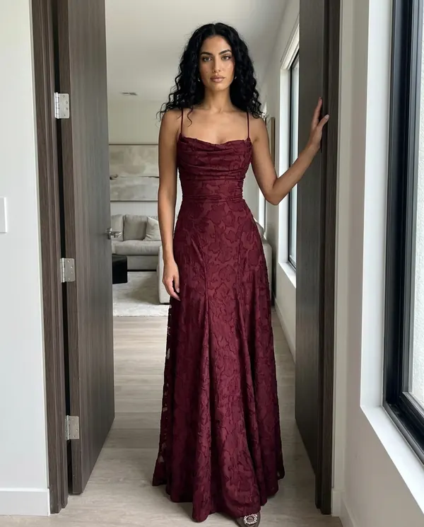 Satin Eve styling: Textured Jacquard Cowl-Neck Cami Maxi Dress