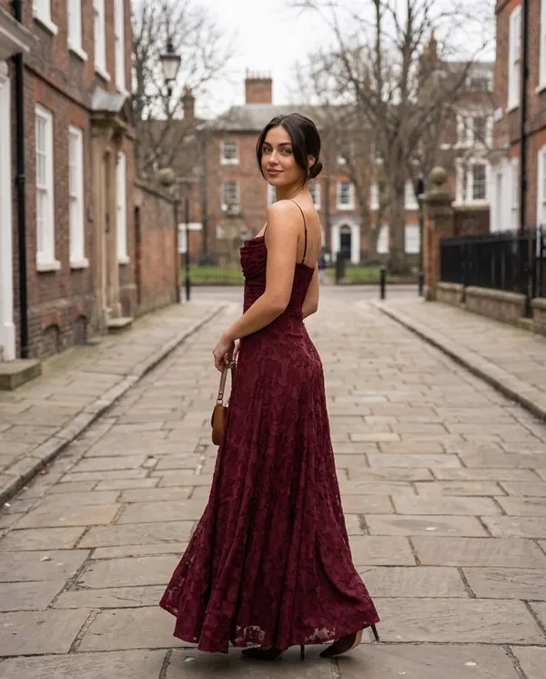 Satin Eve styling: Textured Jacquard Cowl-Neck Cami Maxi Dress