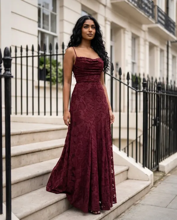 Satin Eve styling: Textured Jacquard Cowl-Neck Cami Maxi Dress