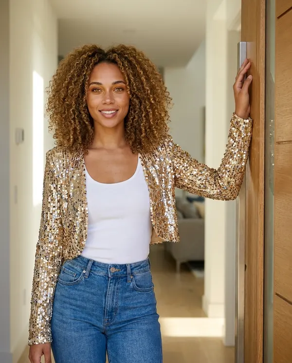 Satin Eve styling: Gold Sequin Cropped Jacket