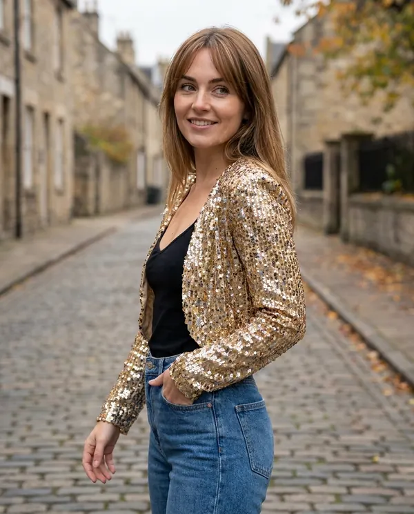 Satin Eve styling: Gold Sequin Cropped Jacket