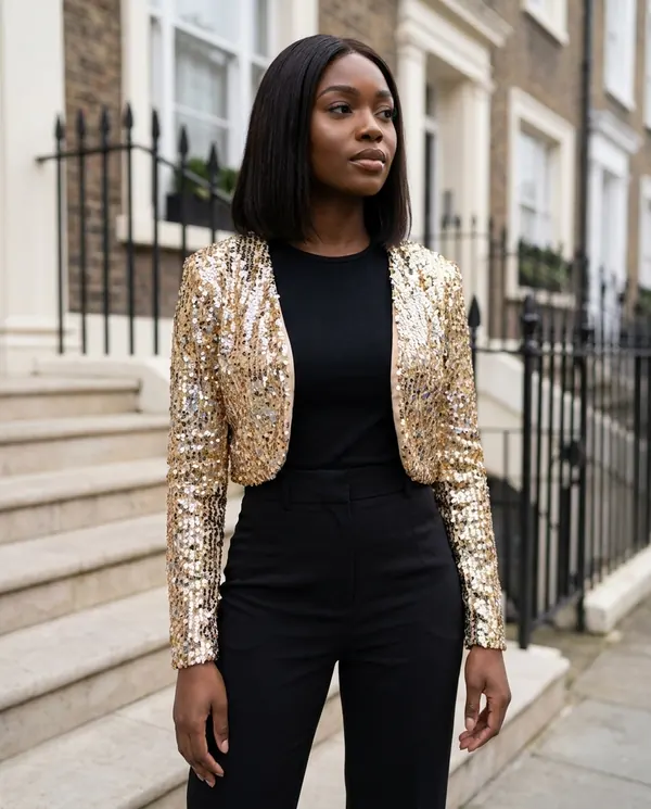 Satin Eve styling: Gold Sequin Cropped Jacket