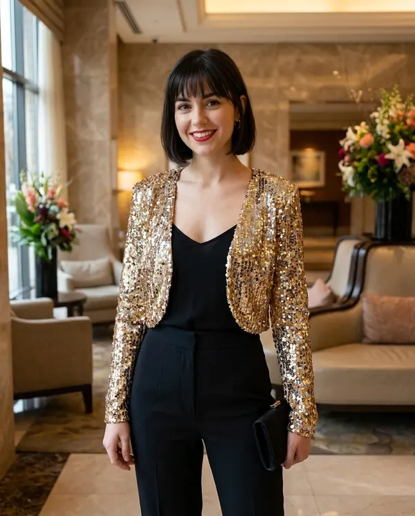 Satin Eve styling: Gold Sequin Cropped Jacket