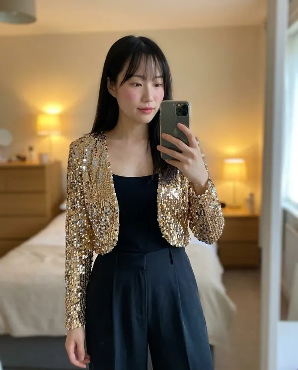 Satin Eve styling: Gold Sequin Cropped Jacket