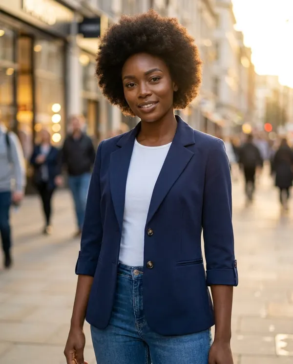 Satin Eve styling: Navy Three-Quarter Sleeve Blazer