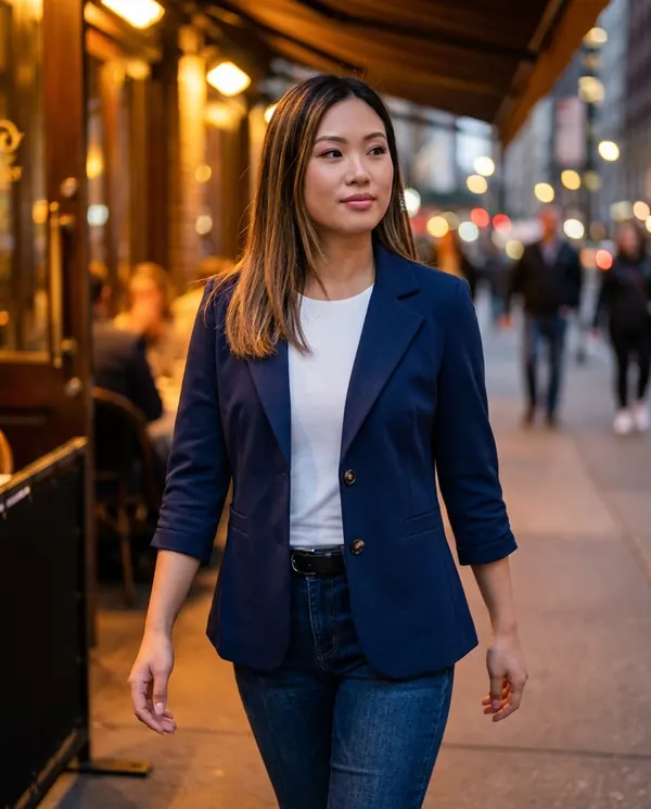 Satin Eve styling: Navy Three-Quarter Sleeve Blazer