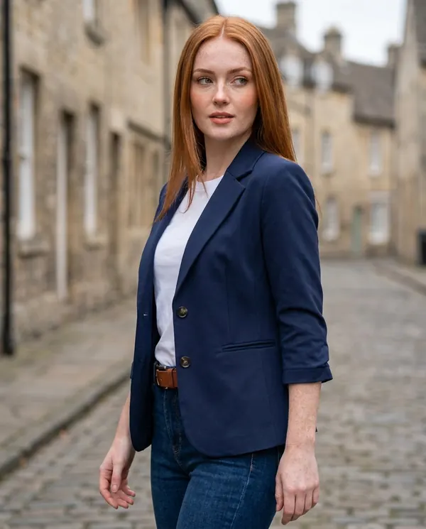 Satin Eve styling: Navy Three-Quarter Sleeve Blazer