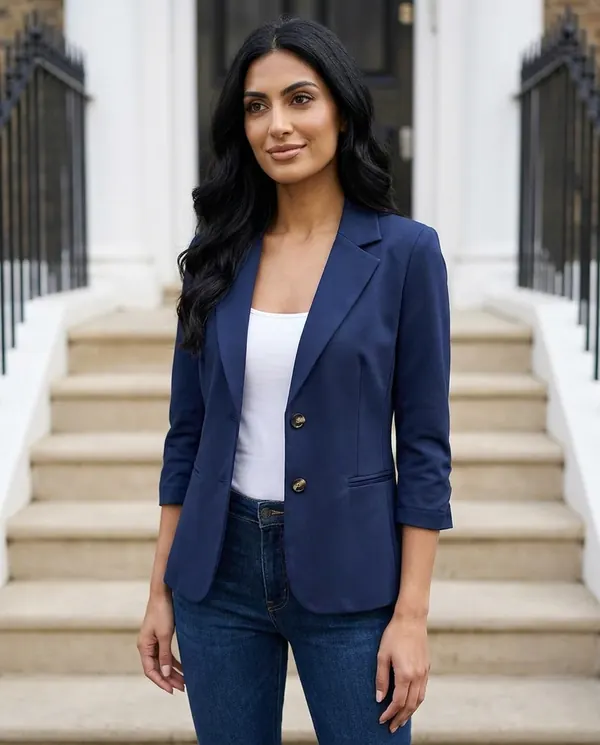 Satin Eve styling: Navy Three-Quarter Sleeve Blazer