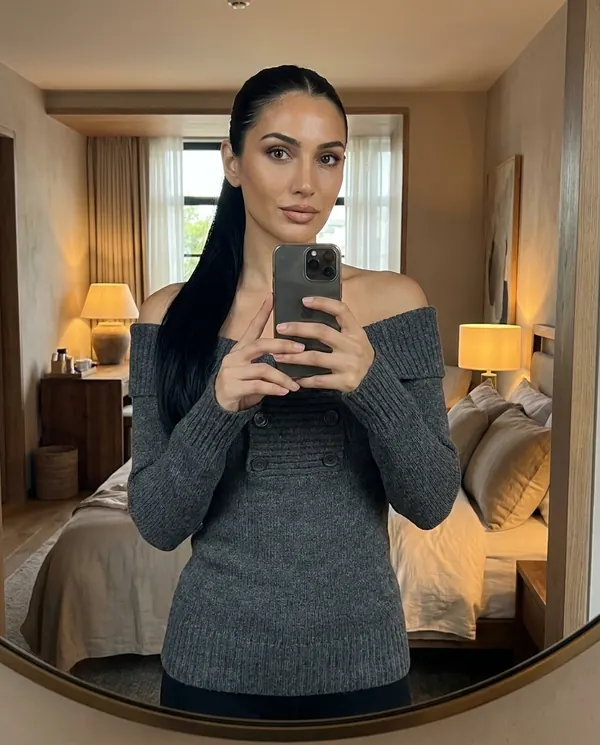 Satin Eve styling: Off-Shoulder Double Button Knit Jumper