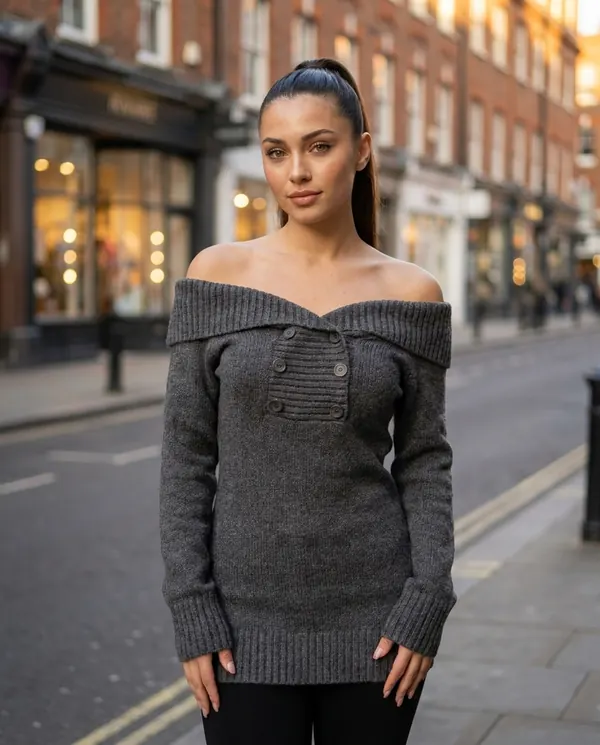 Satin Eve styling: Off-Shoulder Double Button Knit Jumper