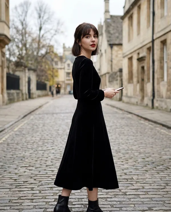Satin Eve styling: Velvet V-Neck Little Black Midi Dress