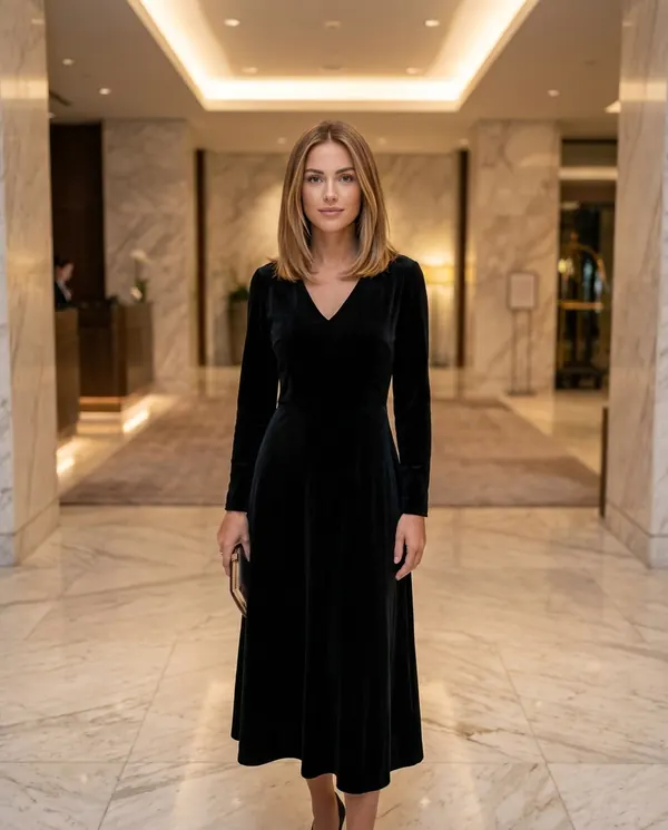 Satin Eve styling: Velvet V-Neck Little Black Midi Dress