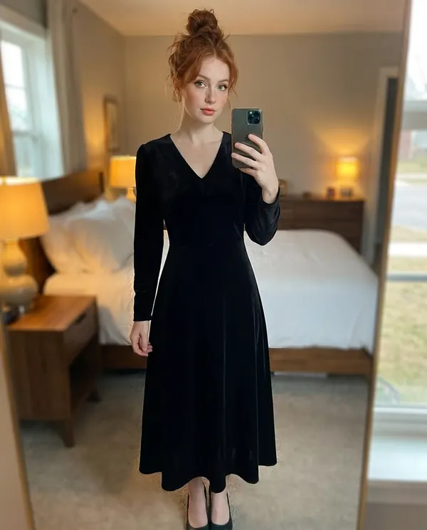Satin Eve styling: Velvet V-Neck Little Black Midi Dress