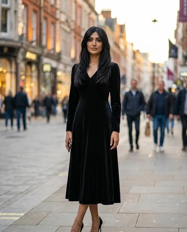 Satin Eve styling: Velvet V-Neck Little Black Midi Dress