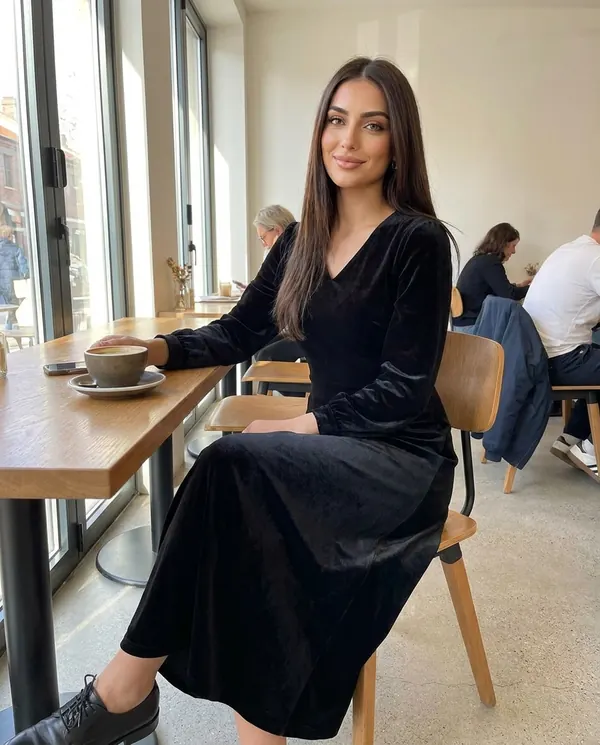 Satin Eve styling: Velvet V-Neck Little Black Midi Dress