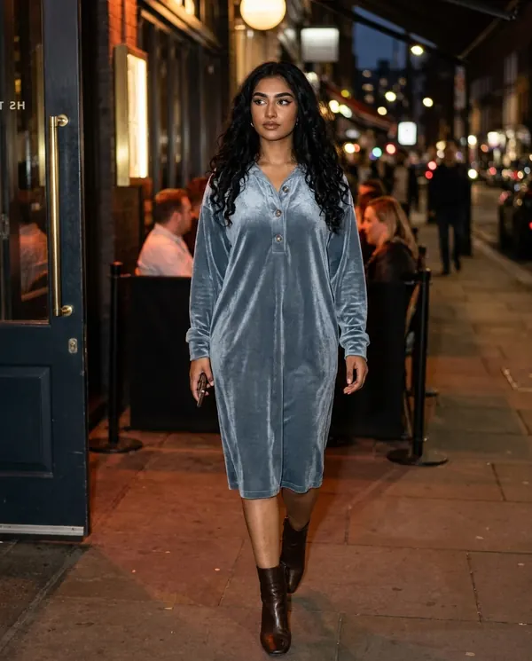 Satin Eve styling: Velvet Collared Button Midi Dress