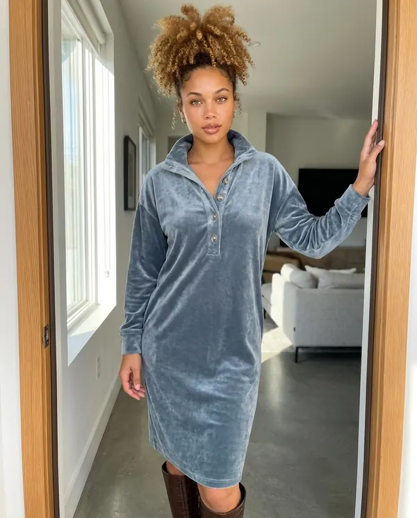 Satin Eve styling: Velvet Collared Button Midi Dress