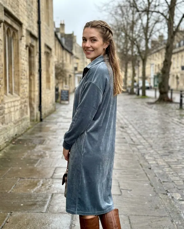 Satin Eve styling: Velvet Collared Button Midi Dress