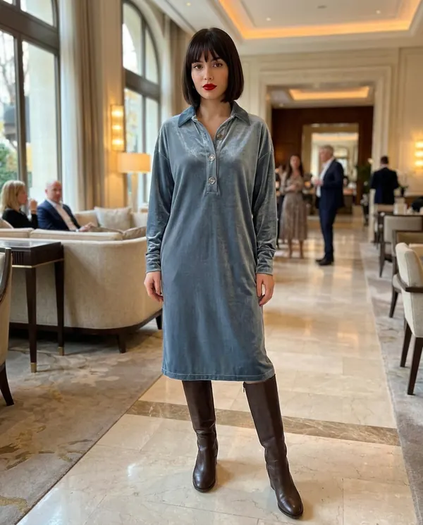 Satin Eve styling: Velvet Collared Button Midi Dress
