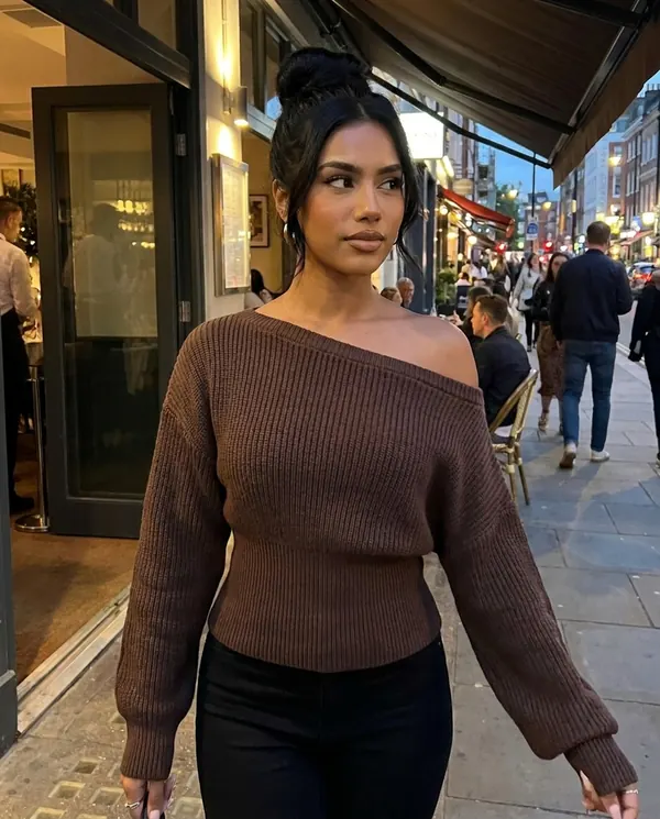 Satin Eve styling: Asymmetric Off-Shoulder Rib Knit Top