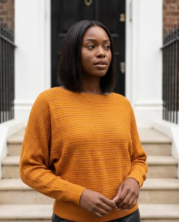 Satin Eve styling: Batwing Pointelle Boat Neck Jumper