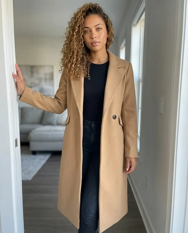 Satin Eve styling: Long Wool-Look Single-Breasted Coat