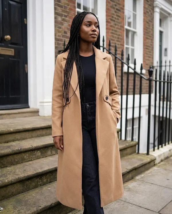 Satin Eve styling: Long Wool-Look Single-Breasted Coat