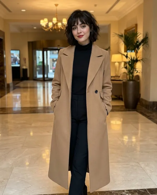 Satin Eve styling: Long Wool-Look Single-Breasted Coat