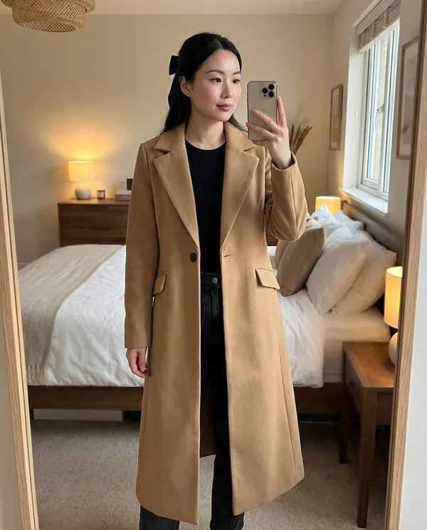 Satin Eve styling: Long Wool-Look Single-Breasted Coat