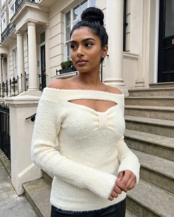 Satin Eve styling: Fuzzy Off-Shoulder Cut-Out Knit Top
