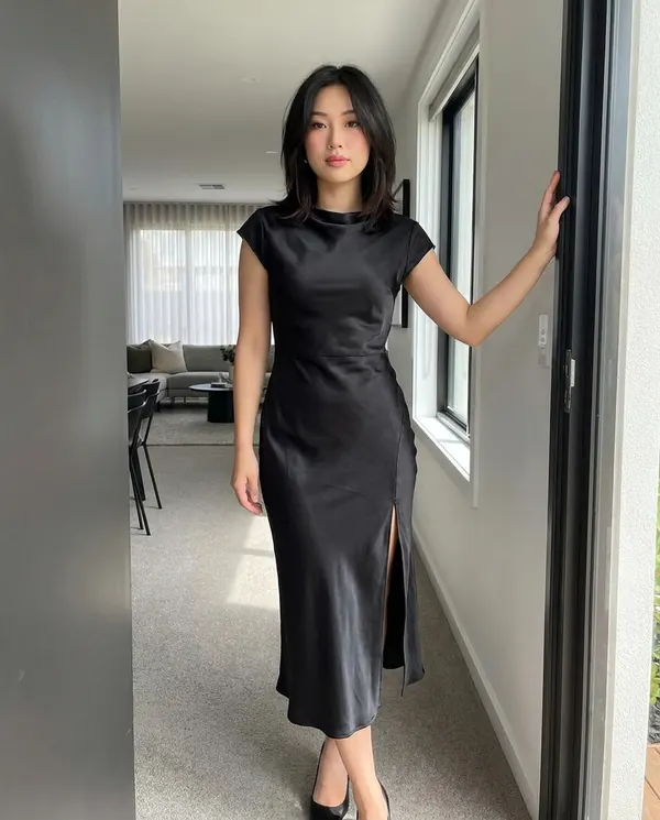 Satin Eve styling: Satin Tie-Back Cap-Sleeve Midi Dress