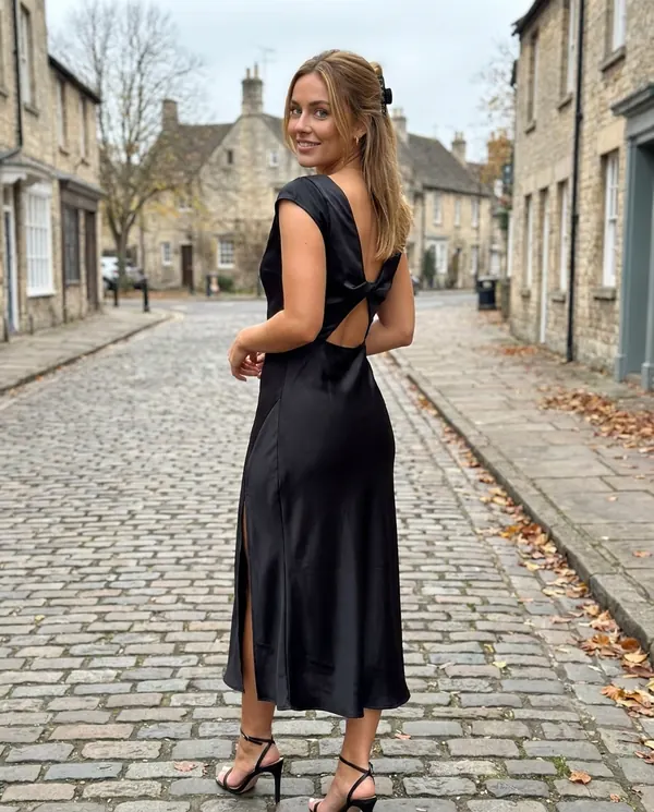 Satin Eve styling: Satin Tie-Back Cap-Sleeve Midi Dress