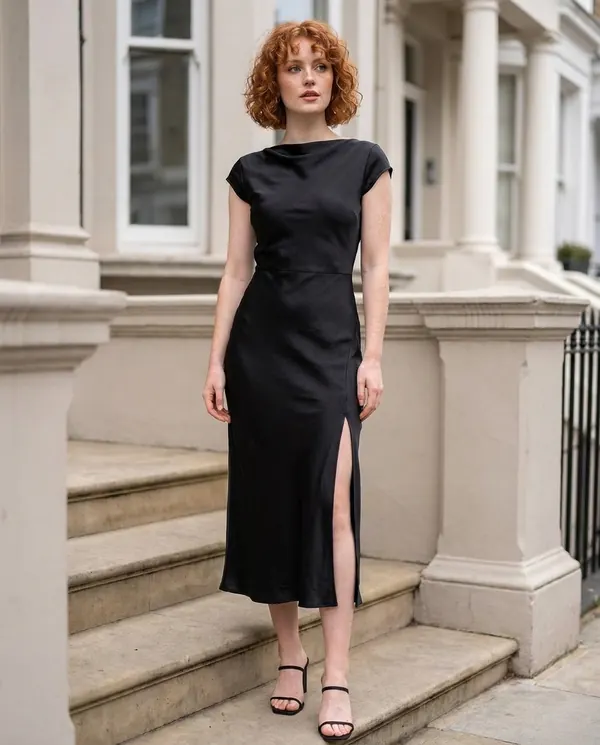Satin Eve styling: Satin Tie-Back Cap-Sleeve Midi Dress