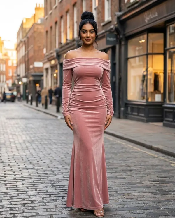 Satin Eve styling: Velvet Off-Shoulder Long-Sleeve Mermaid Maxi