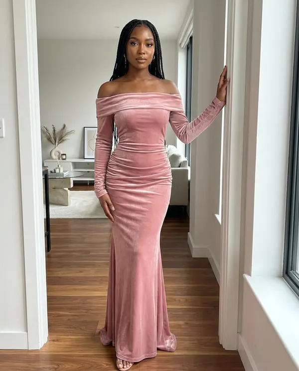 Satin Eve styling: Velvet Off-Shoulder Long-Sleeve Mermaid Maxi