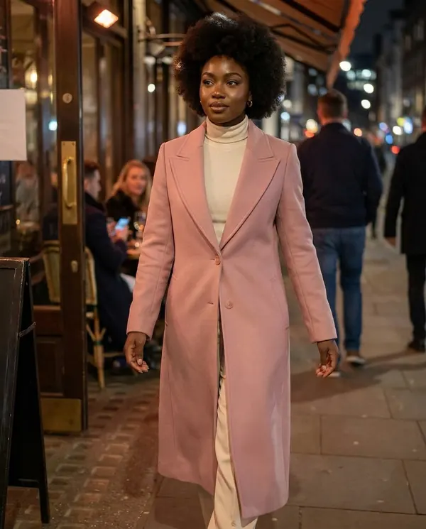 Satin Eve styling: Long Wool-Look Suit-Collar Coat