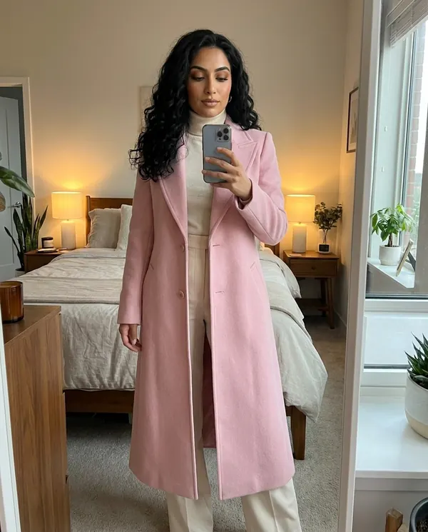 Satin Eve styling: Long Wool-Look Suit-Collar Coat