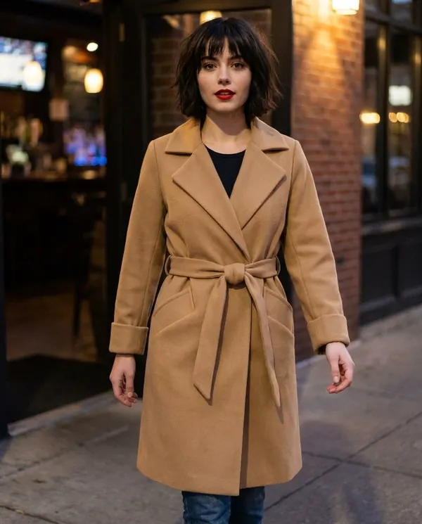 Satin Eve styling: Belted Wool-Look Wrap Coat