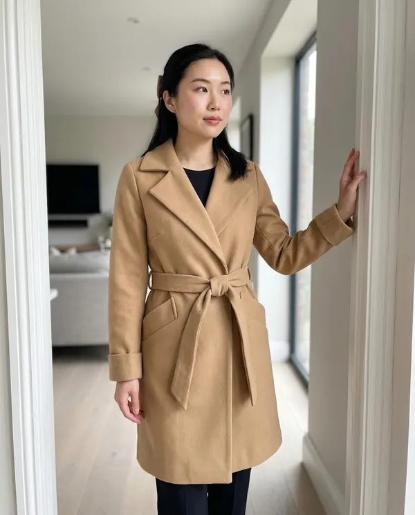 Satin Eve styling: Belted Wool-Look Wrap Coat