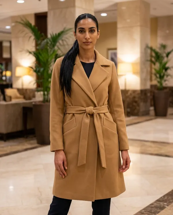 Satin Eve styling: Belted Wool-Look Wrap Coat